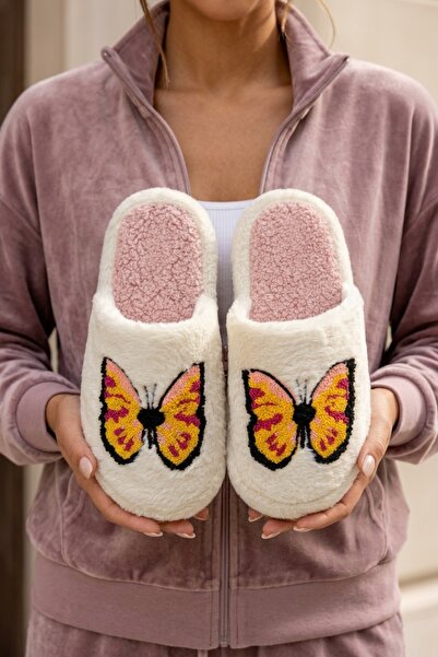 Beyond Women's Ecru Large Yellow Butterfly Embroidered Detailed Plush Furry H...