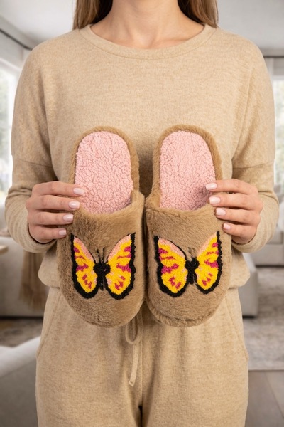 Beyond Women's Brown Large Yellow Butterfly Embroidered Detailed Plush Furry ...
