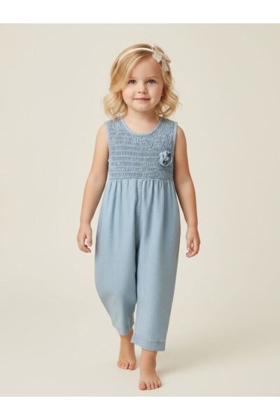 Zekids Baby Girl Cotton Thin Denim Bandana Design Jumpsuit