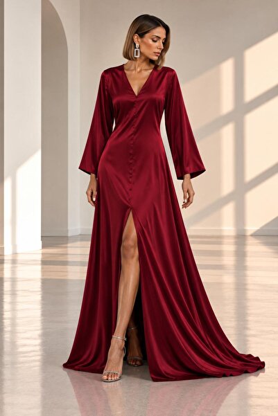 SERAVENZA COUTURE Maxi Length Long Sleeve Stylish Satin Dress with Front Slit...