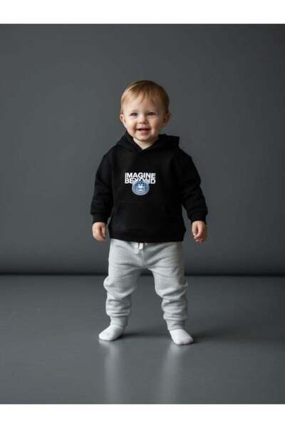 Zekids Boy's Teddy Bear Patterned Hooded Tracksuit Set