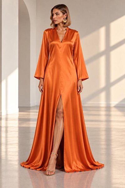 SERAVENZA COUTURE فستان ساتان أنيق بأكمام طويلة وفتحة أمامية مقاس ماكسي COU-107