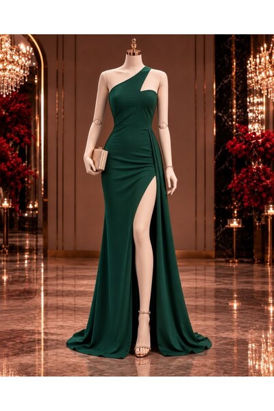 Modafeminen Diva Kuyruklu Yırtmaçlı Abiye Zümrüt 582475