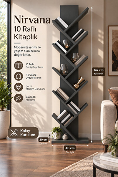 PDMPOİNT DOLAP MARKET Nirvana 10 Raflı Kitaplık - Antrasit
