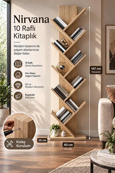 PDMPOİNT DOLAP MARKET Nirvana 10 Raflı Kitaplık -Safir Meşe