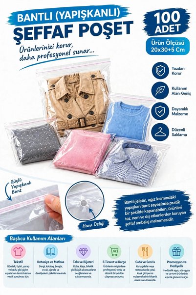 Store 20x30+5 cm Şeffaf Jelatin Bantlı Poşet 100’lü | Çeyiz Poşeti Yapışkanlı...