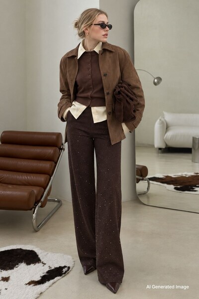 Madmext Brown High Waist Stretch Fabric Stone Women's Jean Pants Mg2271