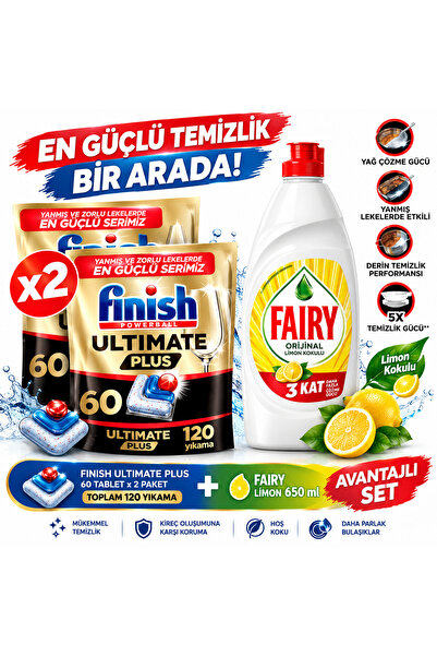 Finish Ultimate Plus 60X2 120 Adet Tablet + Fairy Limon 650 ml Bulaşık Deterjanı Avantajlı Set