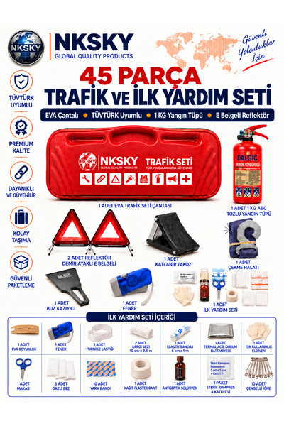 NKSKY EVA Çantalı 45 Parça Trafik Seti TÜVTÜRK Uyumlu 1 KG Yangın Tüpü İlk Ya...
