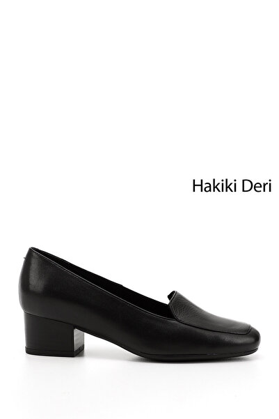 GÖNDERİ(R) Women/Girls Black Blunt Toe Short Thick Heeled Genuine Leather Shoes