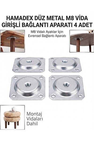 HAMADEX Düz Metal Bağlantı Aparatı (m8 Vida Girişli ) 4 Adet, Masa , Sandalye...