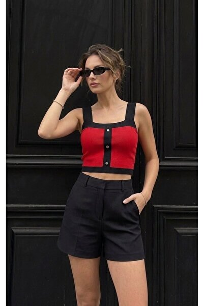 onno style women بلوزة نسائية بدون أكمام مع أزرار وتفاصيل تريكو