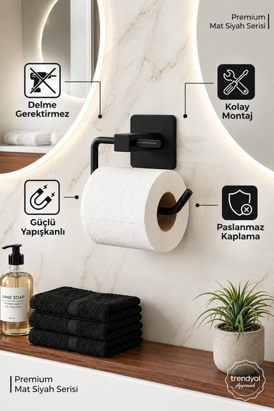 ANZA HOME Paslanmaz Yapışkanlı Tuvalet Kağıtlık, Wc Kağıtlık Mat Siyah