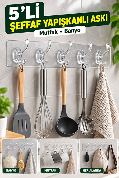 tafce 5'li Yapışkanlı Şeffaf Duvar Askısı Banyo Mutfak Düzenleyici Pratik Ask...