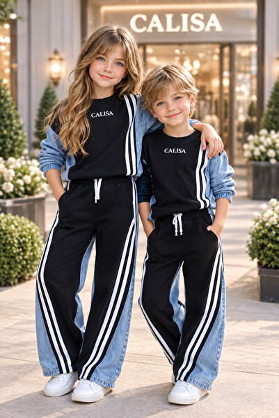CALİSA PREMIUM Girls' Denim Trim Striped Pants Sweat 2-Piece Festive Outfit S...