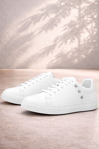 hapshoe Genuine Leather Women's White Lace-Up Star Sneaker Shoes