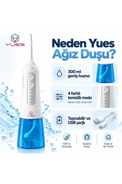 YUES Taşınabilir Ağız Duşu 300 ml Şarjlı 4 Modlu IPX7 Diş Arası Temizleme Cihazı YXY-801
