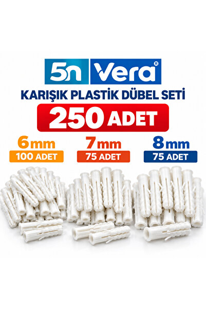 5N VERA 250 Adet Plastik Dübel Seti (6mm-7mm-8mm) | Duvar ve Beton Montaj Dübeli