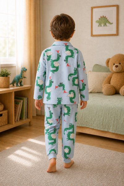 aden kids Set de pijamale pentru băieți, cămașă cu imprimeu verde dinozauri, guler cu nasturi