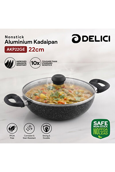 DELICI 22cm Kadai Pan, Granite Non-Stick Cooking Pan with Tempered Glass Lid,...