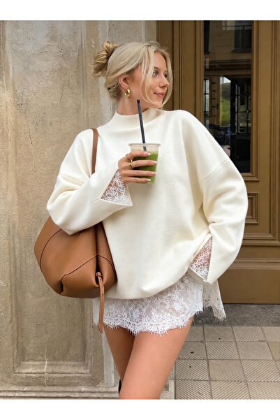 NATUFIAN STORE Γυναικείο πλεκτό πουλόβερ με δαντέλα και λεπτομέρειες, oversiz...