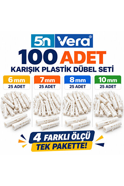 5N VERA 5N VERA Karışık Plastik Dübel Seti 100 Adet | 6 mm, 7 mm, 8 mm, 10 mm...