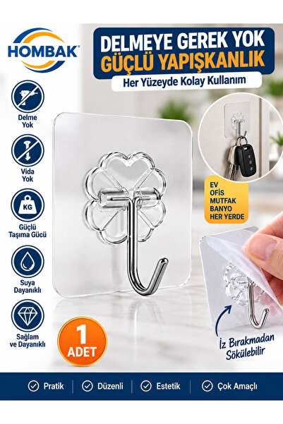 Hombak Pratik 1 Adet Güçlü Şeffaf Duvar Askısı Askılığı Yapışkan Kancalı Mutfak Banyo Askı