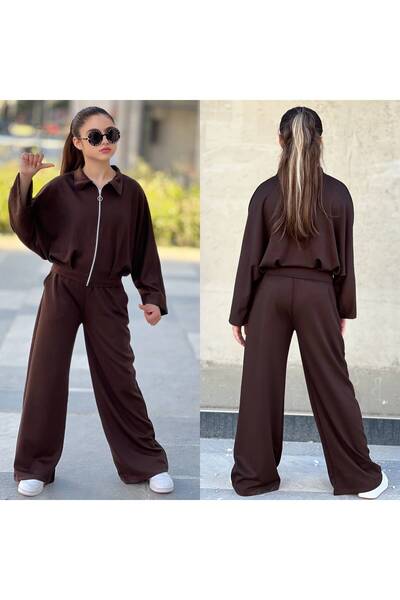 UTK Pile Detailed Zippered Palazzo Pants + Pleated Bat Sleeve Jacket