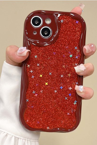 Magic Ring iPhone 13 Uyumlu Kırmızı Simli Yıldız Detaylı Dalgalı Bordo Siliko...