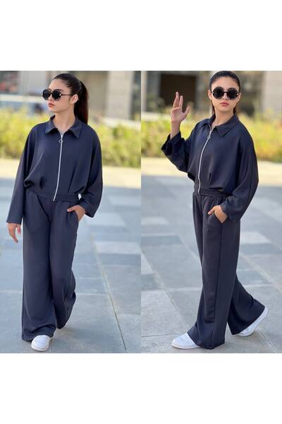 UTK Pile Detailed Zippered Palazzo Pants + Pleated Bat Sleeve Jacket