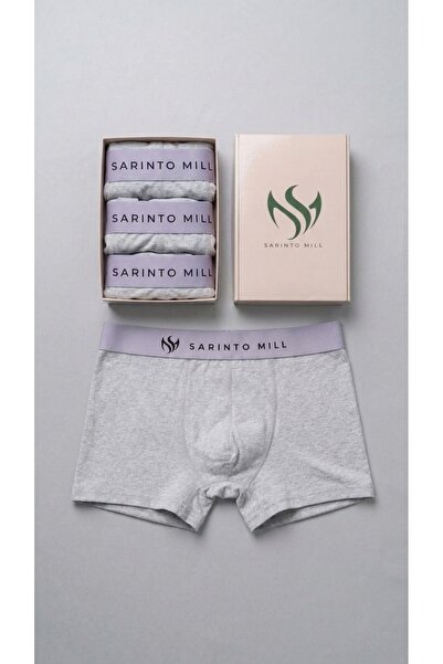 SARINTO MILL 3'lü Kutulu Gri Erkek Boxer %95 Pamuk Esnek Süprem Penye Terletm...