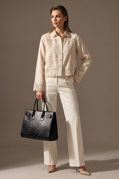 FASHION COCKTAIL Daisy Motif Vintage Elegant Lace Hollow Out Collar and Cuffs Floral Guipure Summer Spring Office Vacation Linen Shirt