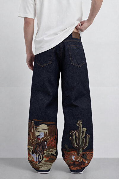 TWILIT Nakış Detaylı Premium Baggy Jean Kot Pantolon Raw - Lacivert