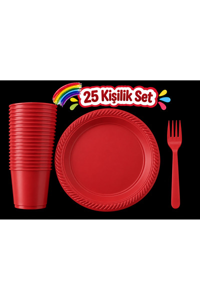 partideyince PLASTİK SERT TABAK BARDAK ÇATAL KIRMIZI RENK 25 KİŞİLİK SET plas...