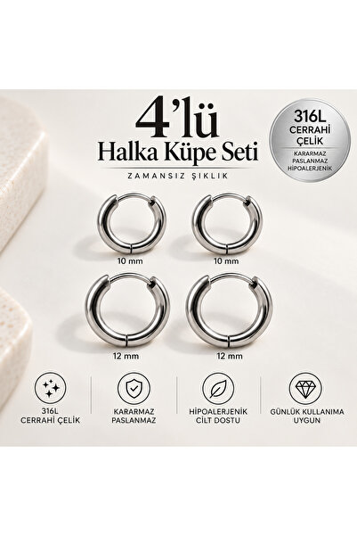 Heppii Surgical Steel Straight Earrings Set 4 Pieces Silver