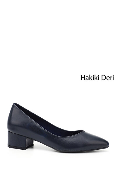 GÖNDERİ(R) Kadın Lacivert Antik Kısa Kalın Topuklu Hakiki Deri Ayakkabı