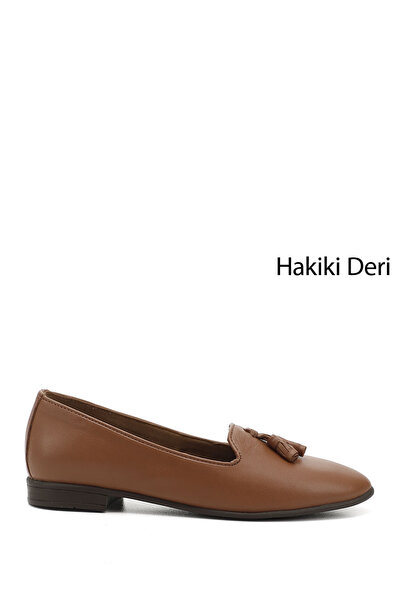 GÖNDERİ(R) Kadın Taba Antik Hakiki Deri Püsküllü Babet