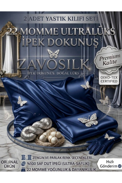 ZAVO Ipek Saf Ipek 2 Adet Yastık Kılıfı Italya Ipek Renk Lacivert