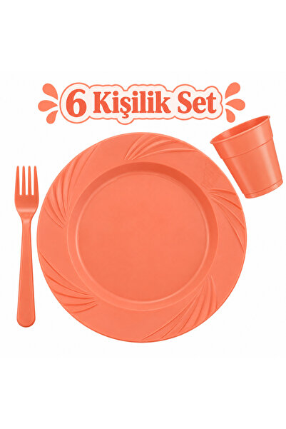 partideyince PLASTİK SERT MİKA TABAK ÇATAL BARDAK  TURUNCU RENK 6 KİŞİLİK SET