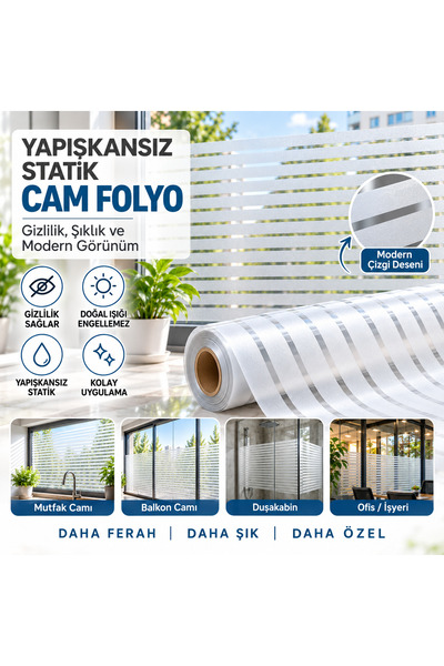 Örtücüm 75 Cm X 2 Metre Statik Buzlu Çizgili Kumlama Cam Folyo Ev Ofis Duşakabin Desenli Cam Filmi