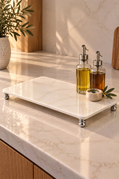 Zeybek Marble Beyaz Mermer Gümüş Ayaklı Dekoratif Stand & Mermer Sunumluk & D...