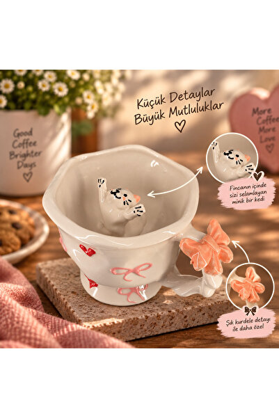 L'Cera Premium Porcelain El Yapımı Seramik Kedi Figürlü Kupa Kalpli Fiyonklu ...