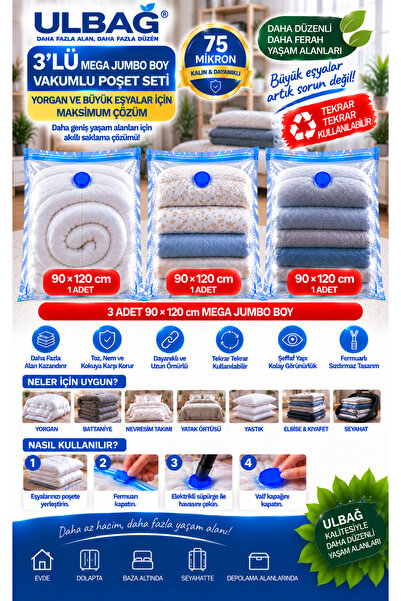 ÜLBAG (3 ADET) Vakumlu Poşet Seti 90 Cm X 120 Cm (MEGA JUMBO BOY) Çift Kişili...