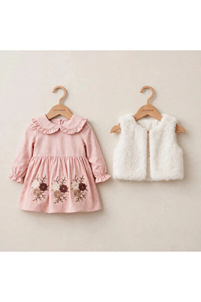 GREYFURTKİDS Girl's Floral Embroidered Dress with Fur Detail