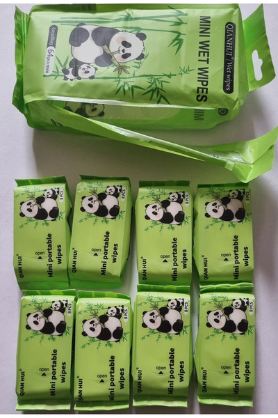 Modellino 1 Paket İçinde 8 Adet 8'li Paket / 64'lü Islak Mendil - Mini Wet Wipes - Yeşil Panda