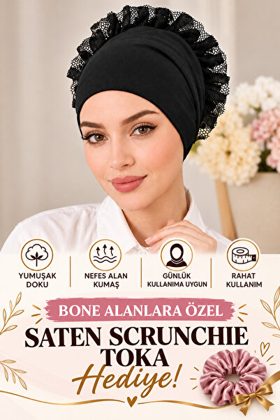LİLYA TOKA Kadın Bone ön kısmı dikişsiz Bone dantel fırfırlı bone toka saten ...