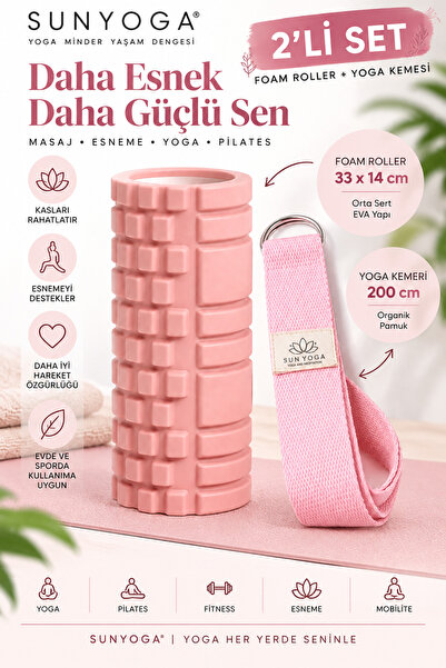 SUNYOGA Foam Roller ve Yoga Kemeri Seti Orta Sert EVA Masaj Rulosu 33x14 cm 2...