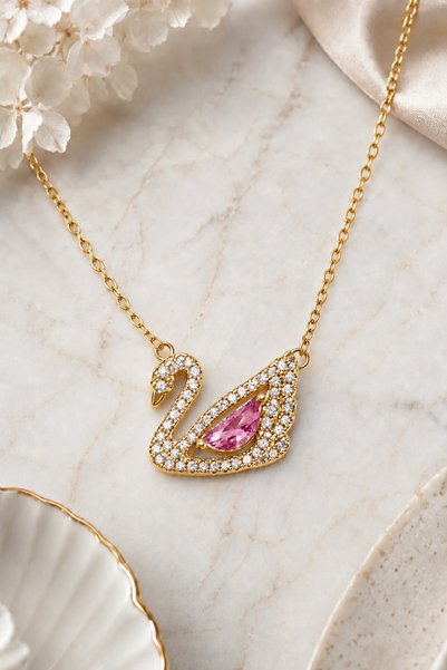 GWOMA Women's Steel Necklace - Swan Model Pink Zircon Stone Embellished Gold Plated Women's Necklace