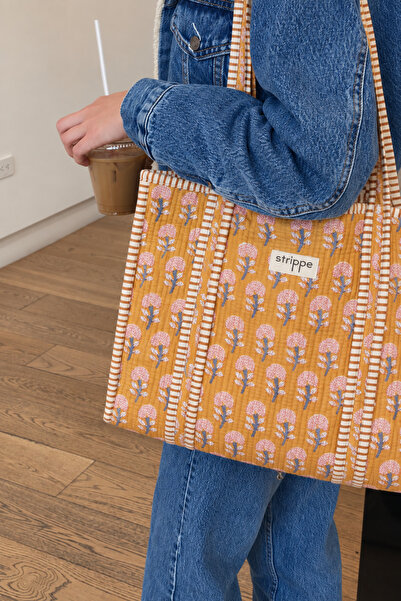 Strippe Çiçek Desenli Hardal Pamuklu Kumaş Günlük Omuz Çantası - Tote Bag