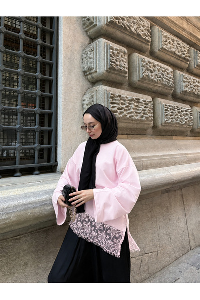 RFK Butik Kadın Dantel Detaylı Bel Bağlamalı Penye Sweat - Pembe